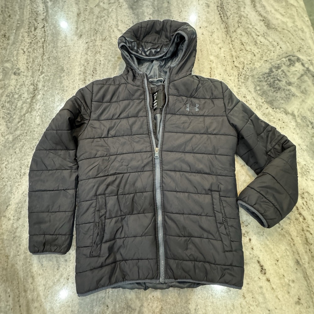 Under Armour Puffer Jacket Full Zip Hooded Coat Black Youth Kids Sz L Cold Gear